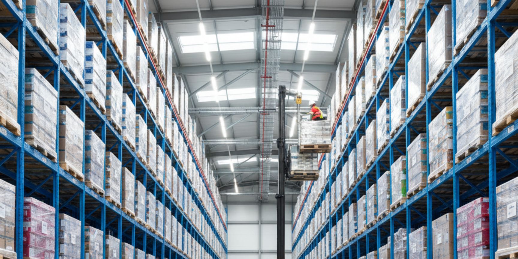 Interior view of a large, modern logistics hall with extremely high, blue high racks that reach down to the lower edge of the trusses. A narrow-aisle forklift is in the process of transporting pallets to an upper level. You can see the well-lit ceiling construction with roof trusses and technical installations such as sprinkler systems that run above the stored goods. The picture illustrates the maximum utilization of the vertical storage space.